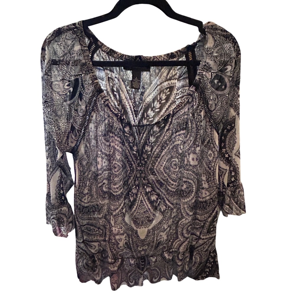 Paisley Ruffle Hem‎ Blouse Womens Large Black White Boho Lace Trim